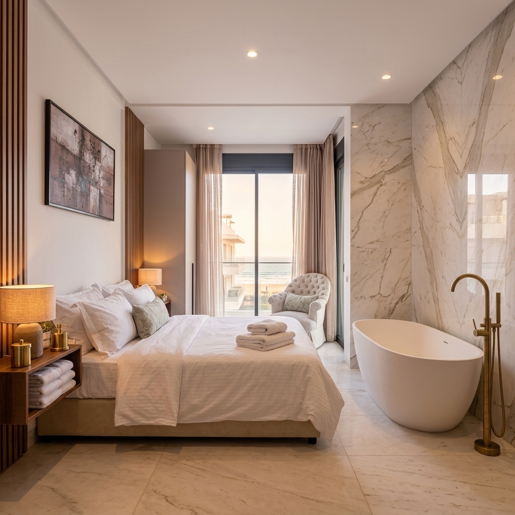 Suite parentale marbre et baignoire îlot face à la mer